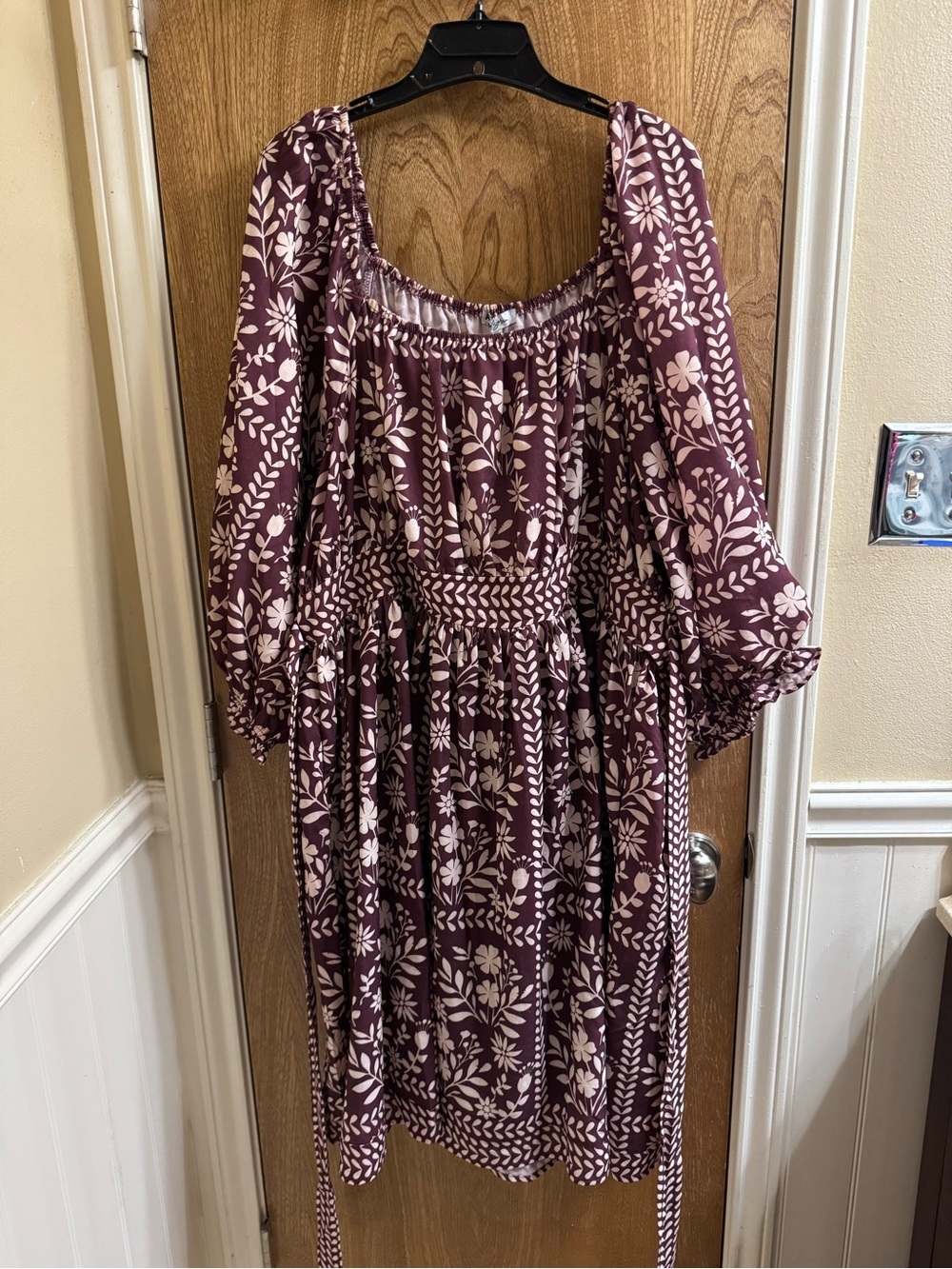 Polagram Burgundy And White Floral 3/4 Sleeve Midi Dress Plus Size 3XL Boho